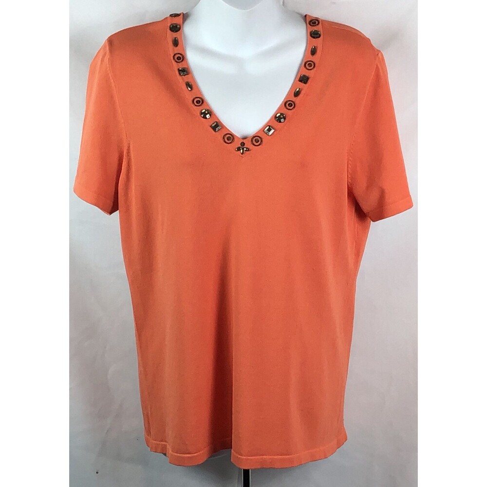 Yarns & Stitches rayon knit top L orange Beaded V-neck short sleeve Boho Hippie